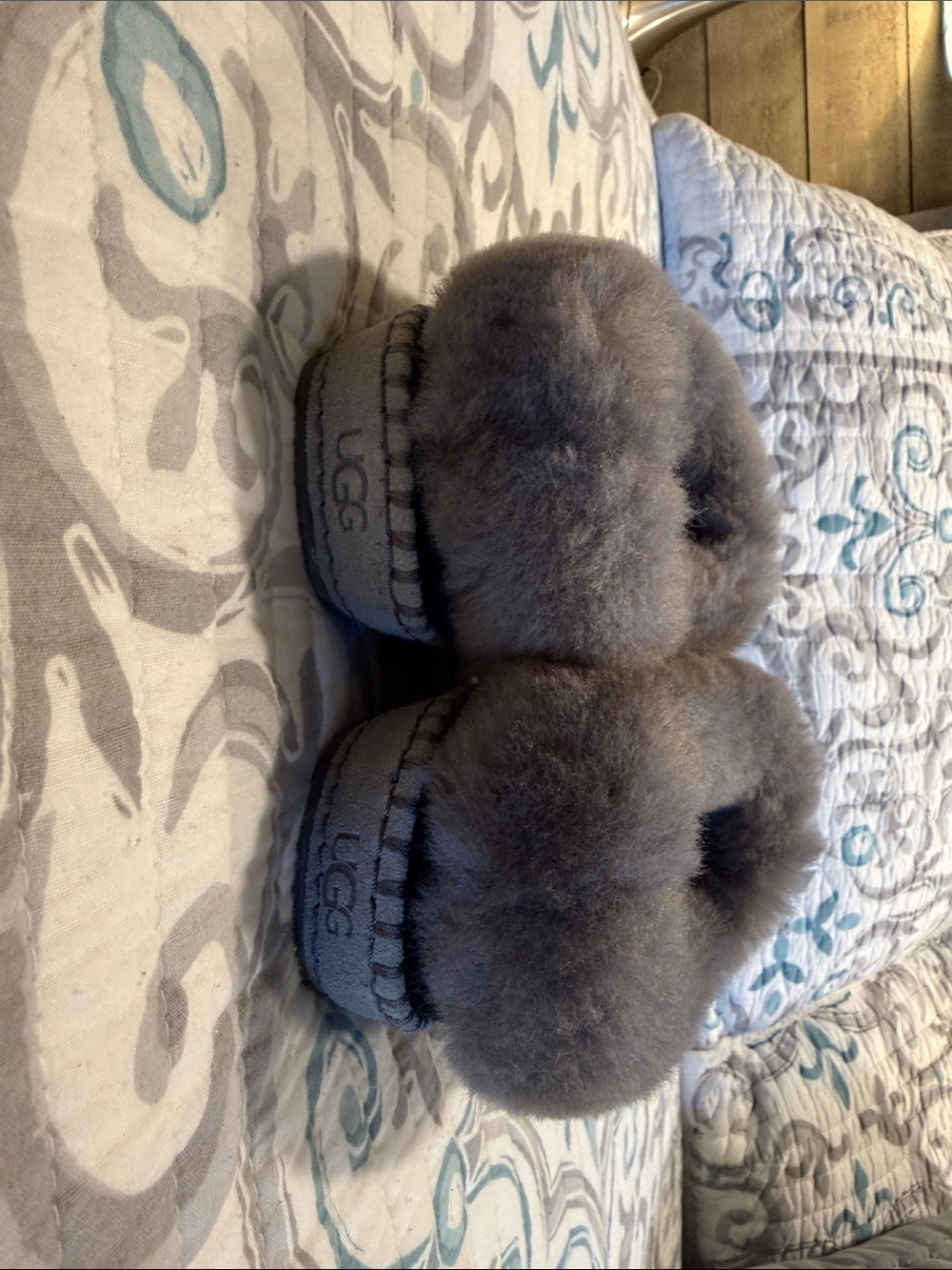 UGG Women’s Black Suede Slippers with Gray Faux Fur Collar - Picture 6 of 7